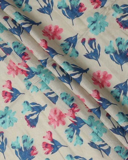 Cream Blue Pink Floral Watercolor Print Blended Linen Fabric, 110 Cms Width, Made in India-D26172