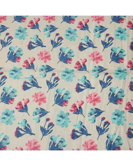 Cream Blue Pink Floral Watercolor Print Blended Linen Fabric, 110 Cms Width, Made in India-D26172