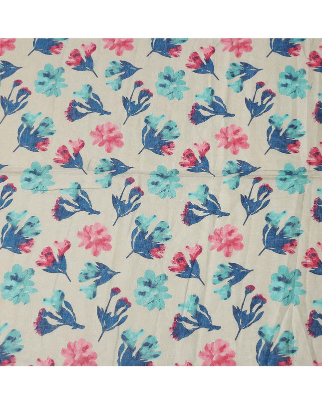 Cream Blue Pink Floral Watercolor Print Blended Linen Fabric, 110 Cms Width, Made in India-D26172