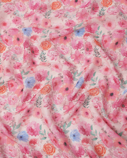 قماش كتان وردي مطبوع عليه زهور بتصميم متعدد الألوان من أزهار البرتقال والأزرق، عرض 110 سم، صنع في الهند - D25084