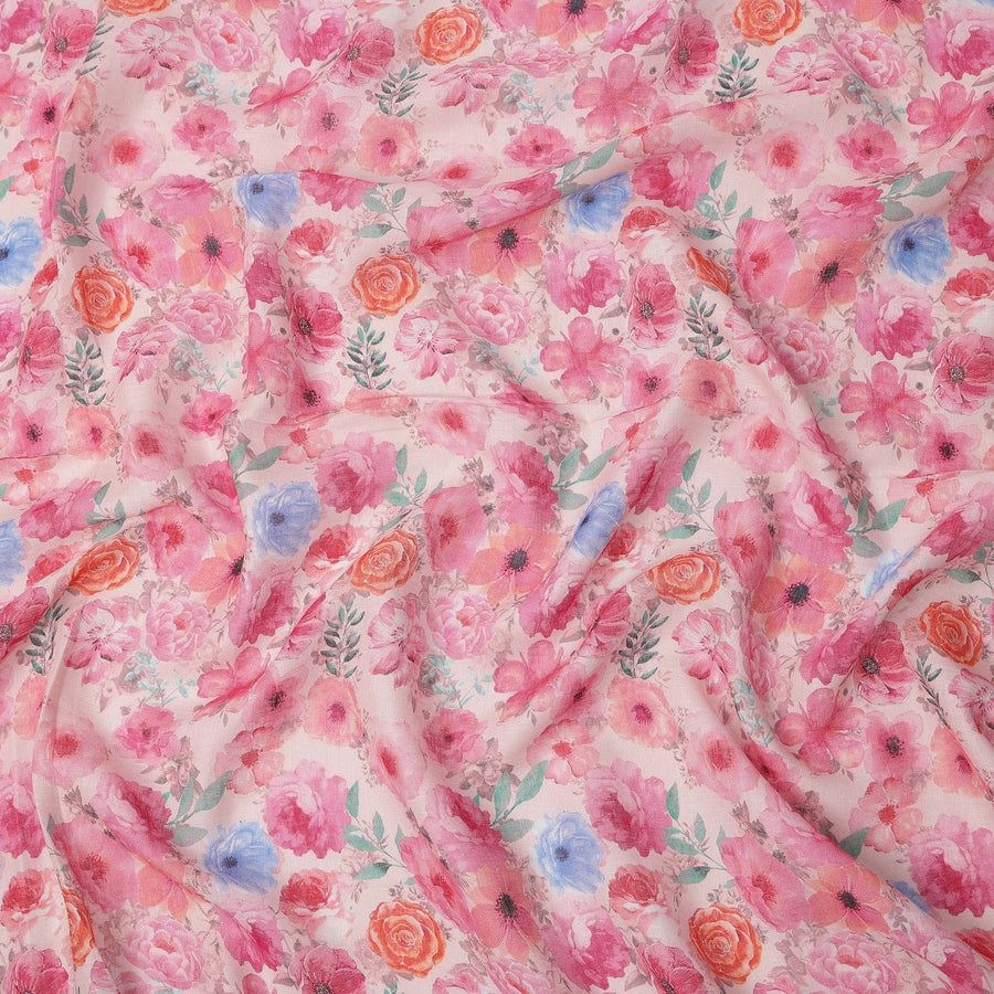 قماش كتان وردي مطبوع عليه زهور بتصميم متعدد الألوان من أزهار البرتقال والأزرق، عرض 110 سم، صنع في الهند - D25084