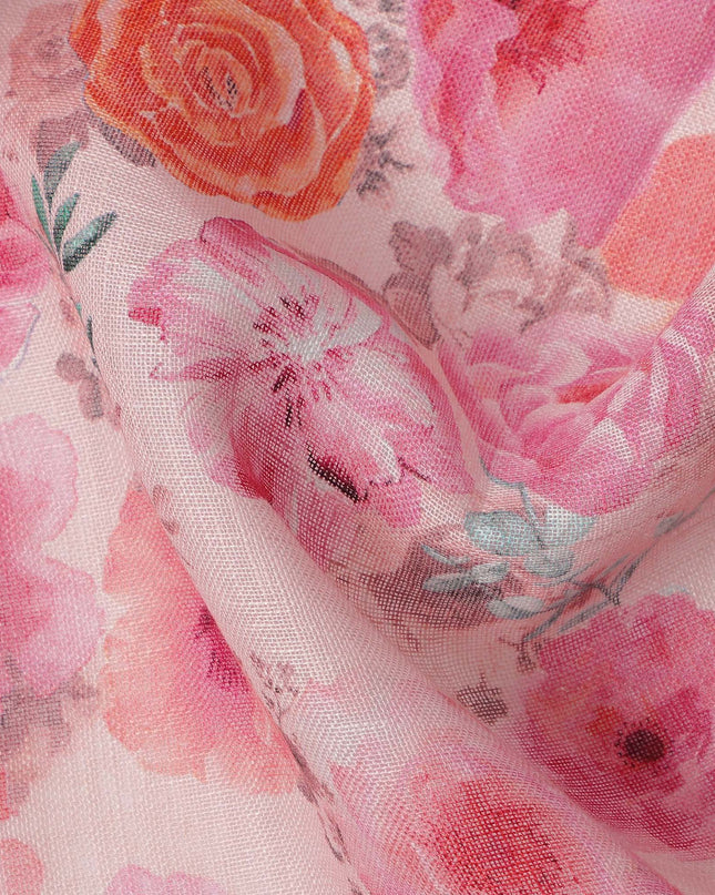 Pink Linen Floral Printed Fabric with Multicolor Orange and Blue Blossom Design, 110 Cms Width, Made in India-D25084