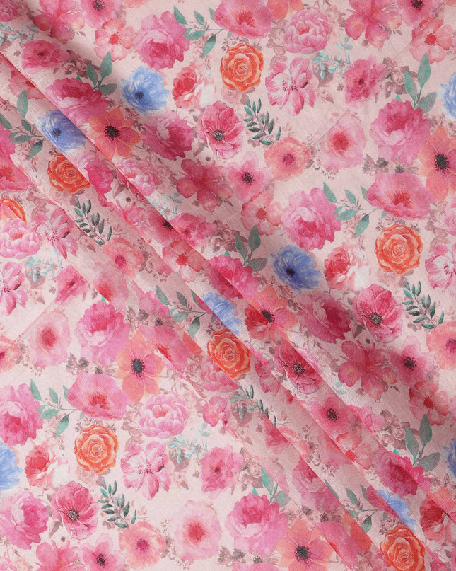 Pink Linen Floral Printed Fabric with Multicolor Orange and Blue Blossom Design, 110 Cms Width, Made in India-D25084