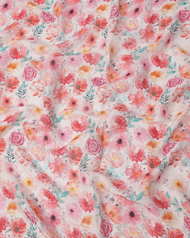 White Linen Floral Printed Fabric with Multicolor Pink, Orange, and Green Blossom Design, 110 Cms Width, Made in India-D25082