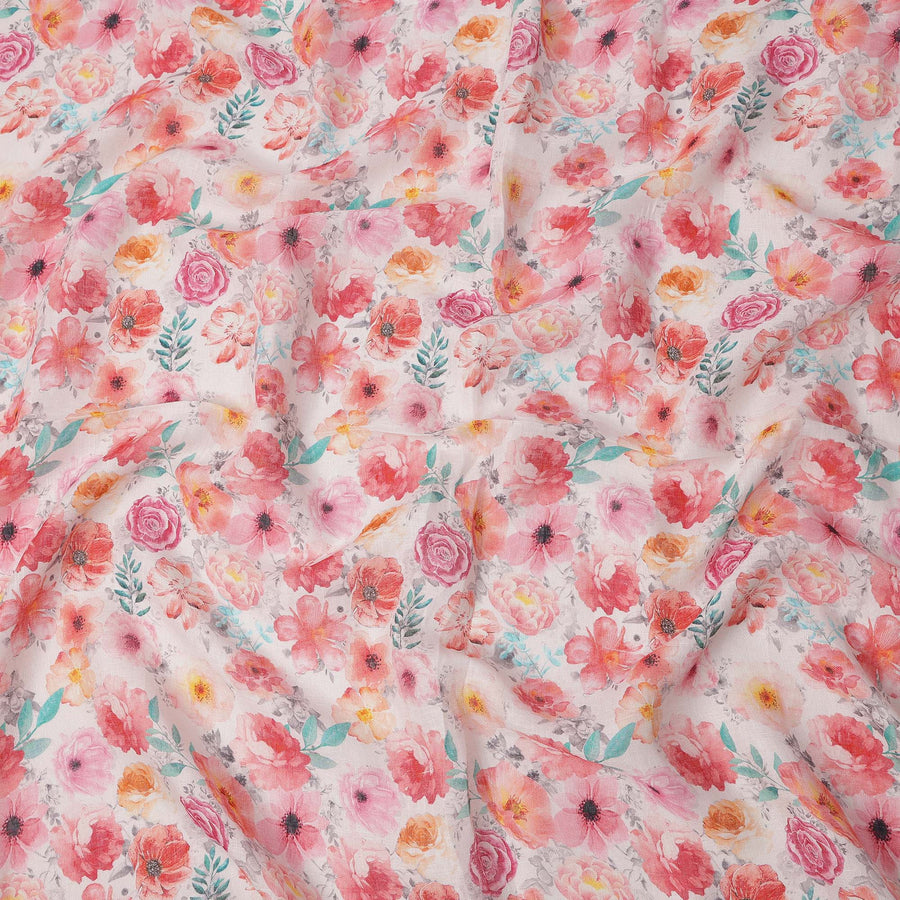 قماش كتان أبيض مطبوع عليه زهور بألوان متعددة، وردي، برتقالي، وأخضر، عرض 110 سم، صنع في الهند - D25082