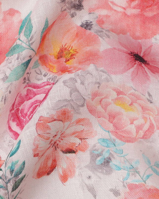 White Linen Floral Printed Fabric with Multicolor Pink, Orange, and Green Blossom Design, 110 Cms Width, Made in India-D25082