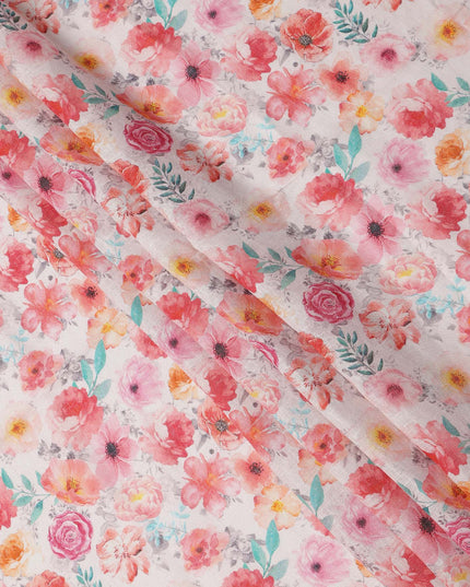 قماش كتان أبيض مطبوع عليه زهور بألوان متعددة، وردي، برتقالي، وأخضر، عرض 110 سم، صنع في الهند - D25082