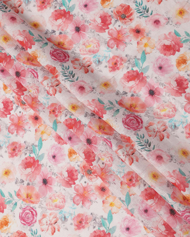 White Linen Floral Printed Fabric with Multicolor Pink, Orange, and Green Blossom Design, 110 Cms Width, Made in India-D25082