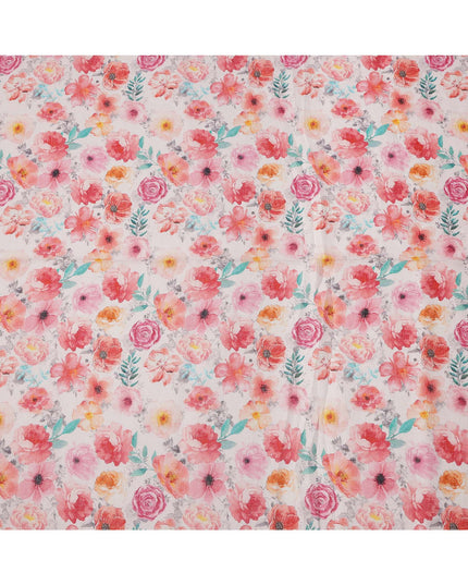 قماش كتان أبيض مطبوع عليه زهور بألوان متعددة، وردي، برتقالي، وأخضر، عرض 110 سم، صنع في الهند - D25082