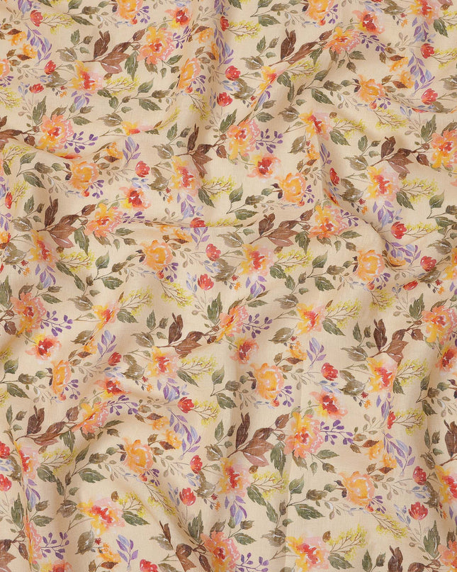 Beige Multicolor Floral Printed Blended Cotton Linen Fabric, 110 Cms Width, India-D25164