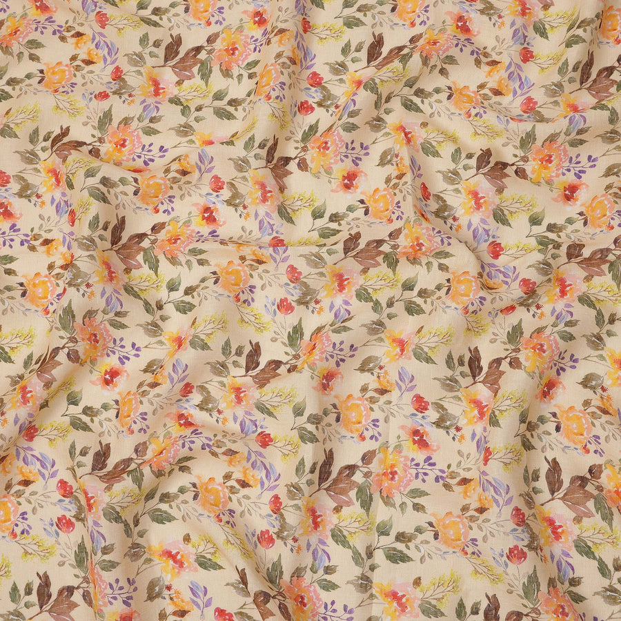 Beige Multicolor Floral Printed Blended Cotton Linen Fabric, 110 Cms Width, India-D25164