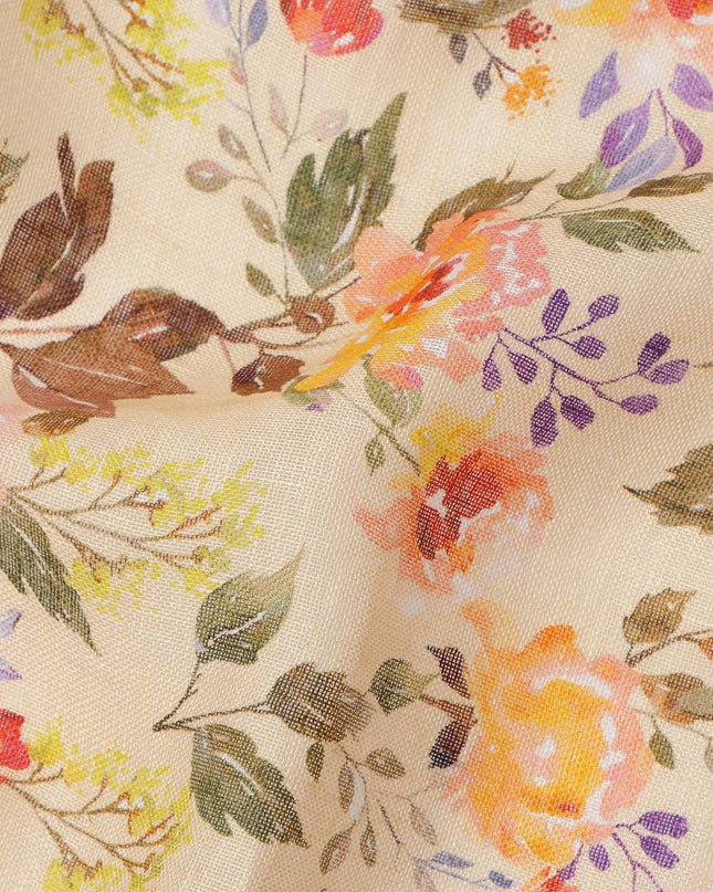 Beige Multicolor Floral Printed Blended Cotton Linen Fabric, 110 Cms Width, India-D25164