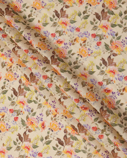 Beige Multicolor Floral Printed Blended Cotton Linen Fabric, 110 Cms Width, India-D25164