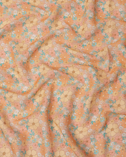 Peach and Orange Floral Printed Blended Cotton Linen Fabric, 110 Cms Width, India-D25173