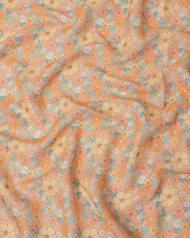 Peach and Orange Floral Printed Blended Cotton Linen Fabric, 110 Cms Width, India-D25173