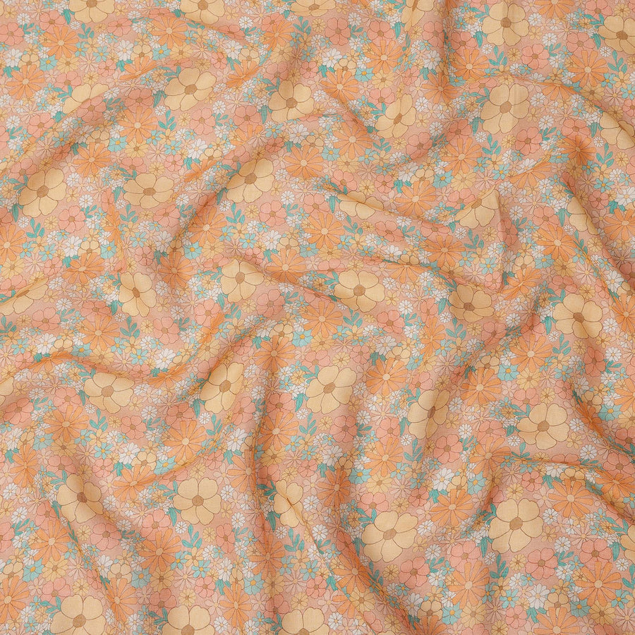 Peach and Orange Floral Printed Blended Cotton Linen Fabric, 110 Cms Width, India-D25173