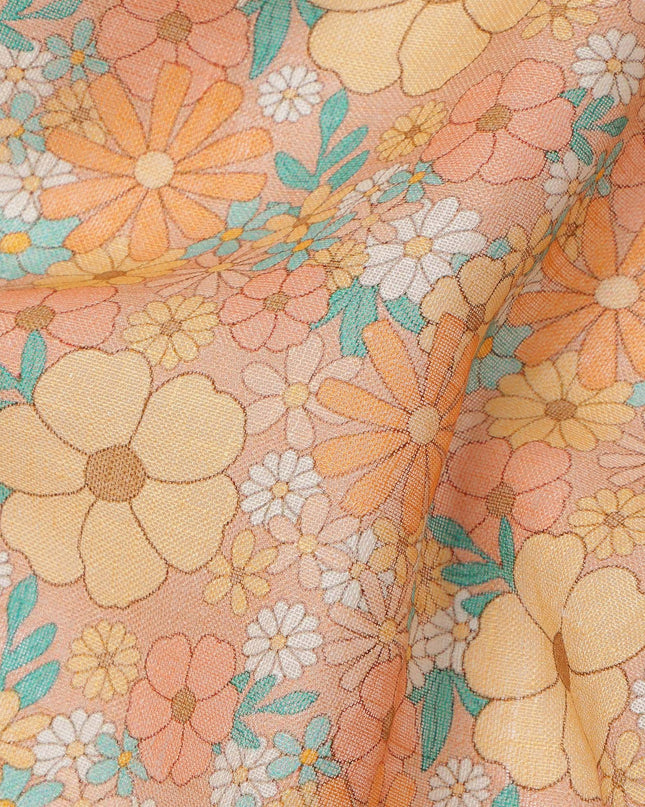 Peach and Orange Floral Printed Blended Cotton Linen Fabric, 110 Cms Width, India-D25173