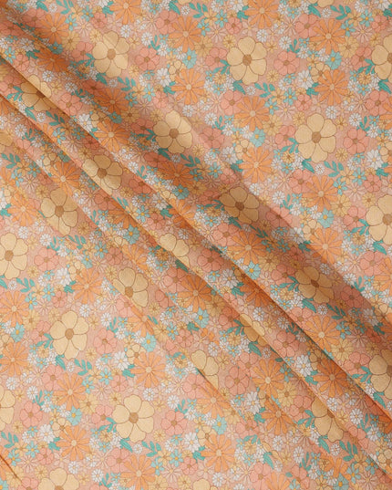 Peach and Orange Floral Printed Blended Cotton Linen Fabric, 110 Cms Width, India-D25173