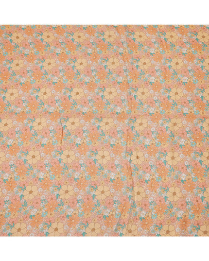 Peach and Orange Floral Printed Blended Cotton Linen Fabric, 110 Cms Width, India-D25173
