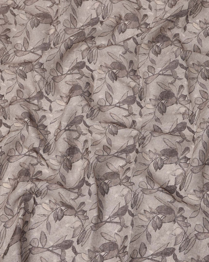 Grey Leaf Printed Blended Cotton Linen Fabric, 110 Cms Width, India-D25170