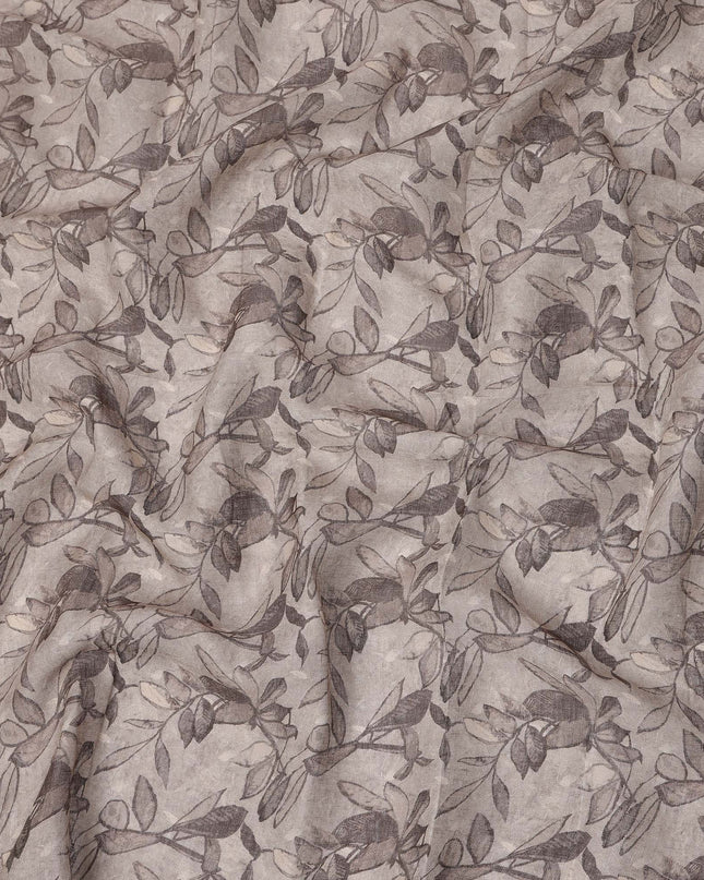 Grey Leaf Printed Blended Cotton Linen Fabric, 110 Cms Width, India-D25170