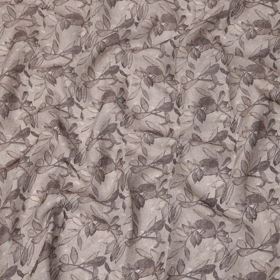 Grey Leaf Printed Blended Cotton Linen Fabric, 110 Cms Width, India-D25170