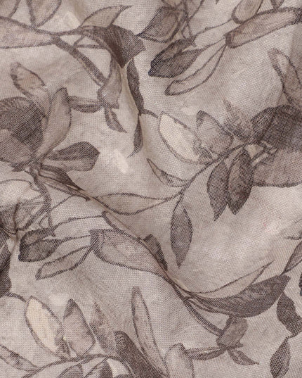 Grey Leaf Printed Blended Cotton Linen Fabric, 110 Cms Width, India-D25170