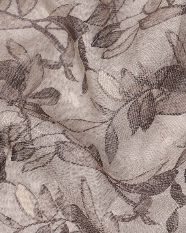 Grey Leaf Printed Blended Cotton Linen Fabric, 110 Cms Width, India-D25170
