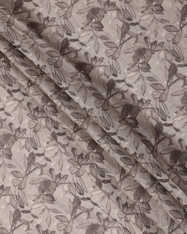 Grey Leaf Printed Blended Cotton Linen Fabric, 110 Cms Width, India-D25170
