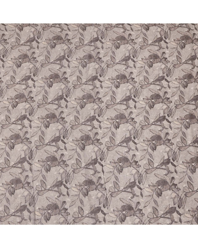 Grey Leaf Printed Blended Cotton Linen Fabric, 110 Cms Width, India-D25170