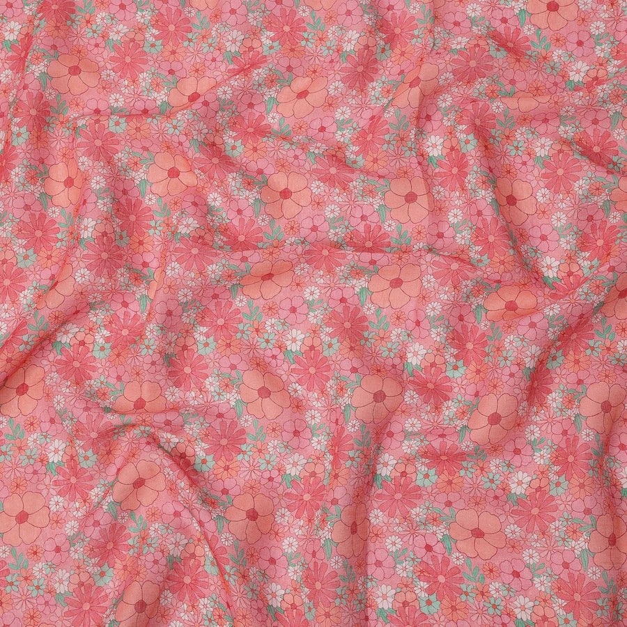 Peach Multicolor Floral Printed Blended Cotton Linen Fabric, 110 Cms Width, India-D25178