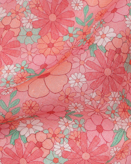 Peach Multicolor Floral Printed Blended Cotton Linen Fabric, 110 Cms Width, India-D25178