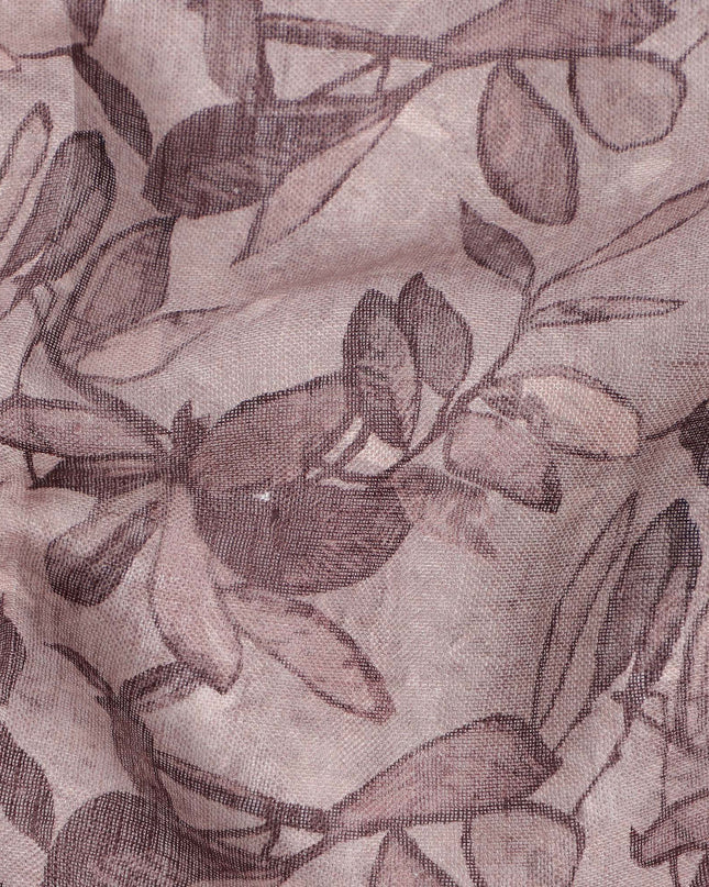 Mauve Leaf Printed Cotton Linen Fabric, 110 Cms Width, India-D25185