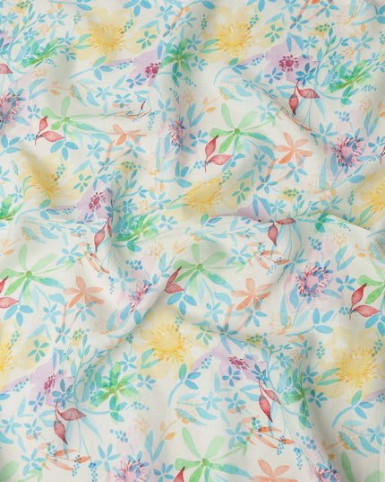 Off White Multicolor Watercolor Floral Print Blended Linen Fabric, 110 Cms Width, Made in India-D26191