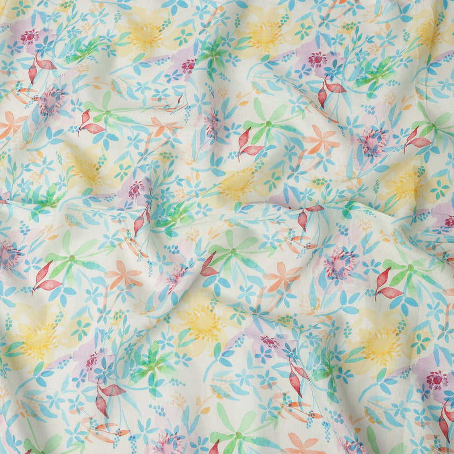 Off White Multicolor Watercolor Floral Print Blended Linen Fabric, 110 Cms Width, Made in India-D26191