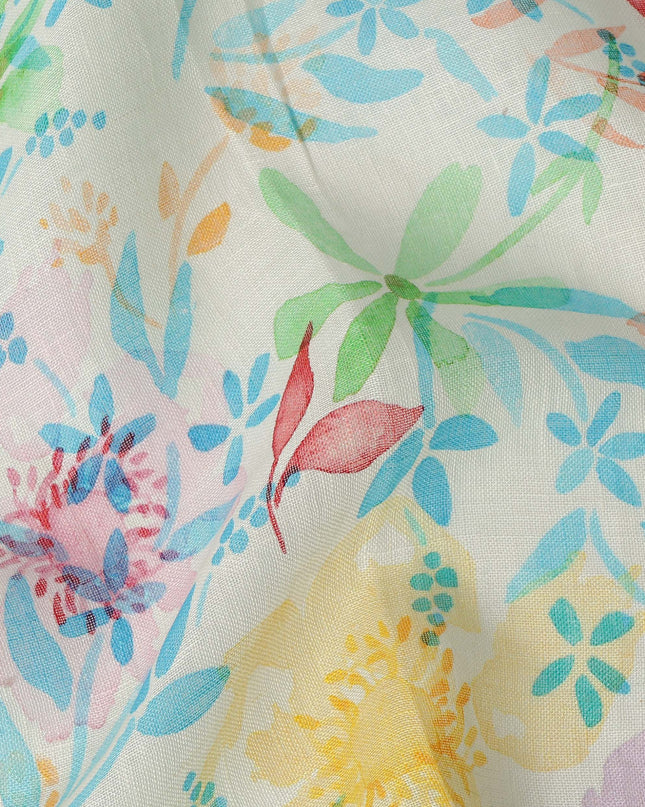 Off White Multicolor Watercolor Floral Print Blended Linen Fabric, 110 Cms Width, Made in India-D26191
