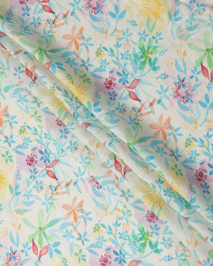 Off White Multicolor Watercolor Floral Print Blended Linen Fabric, 110 Cms Width, Made in India-D26191