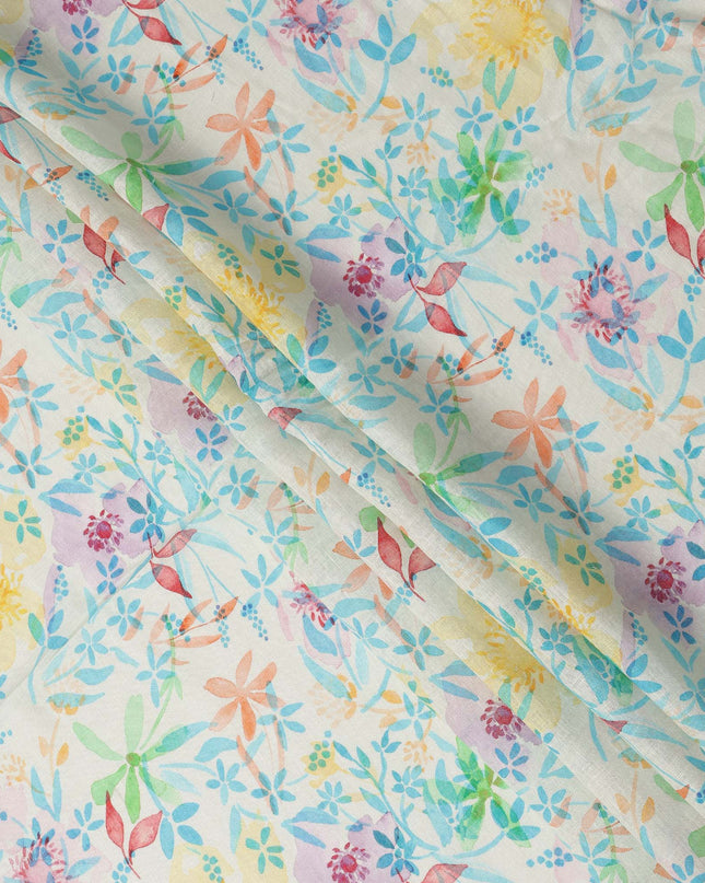 Off White Multicolor Watercolor Floral Print Blended Linen Fabric, 110 Cms Width, Made in India-D26191