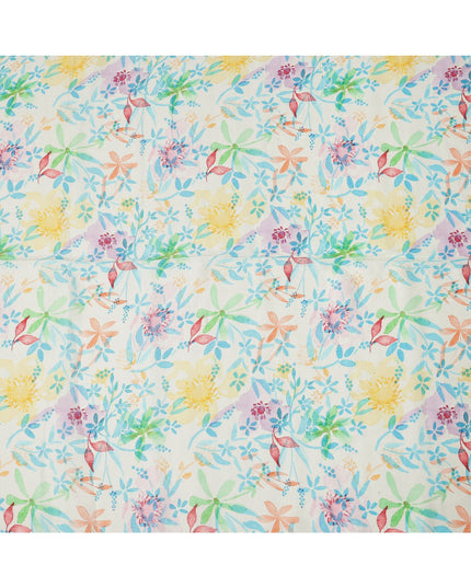 Off White Multicolor Watercolor Floral Print Blended Linen Fabric, 110 Cms Width, Made in India-D26191