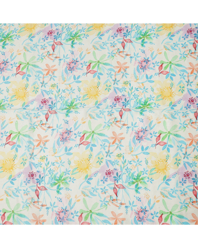 Off White Multicolor Watercolor Floral Print Blended Linen Fabric, 110 Cms Width, Made in India-D26191