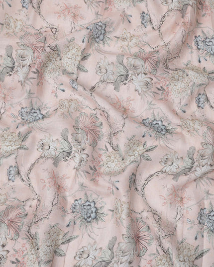 Pink Floral Printed Blended Cotton Linen Fabric, 110 Cms Width, India-D25163