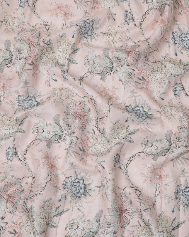 Pink Floral Printed Blended Cotton Linen Fabric, 110 Cms Width, India-D25163