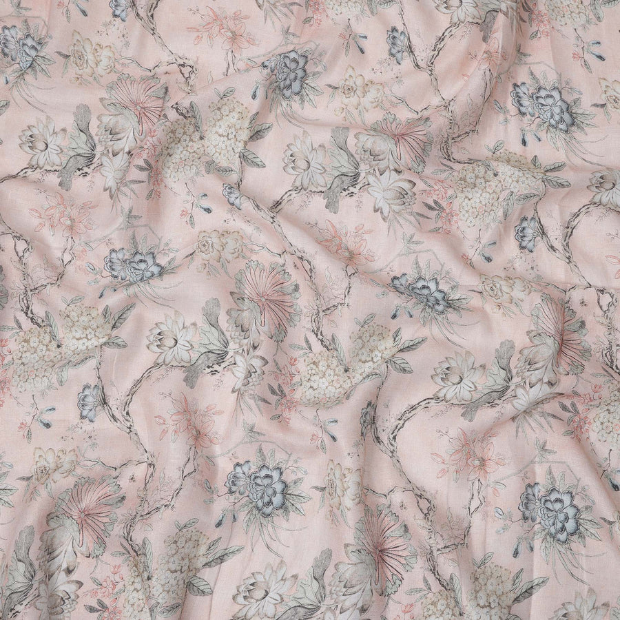 Pink Floral Printed Blended Cotton Linen Fabric, 110 Cms Width, India-D25163