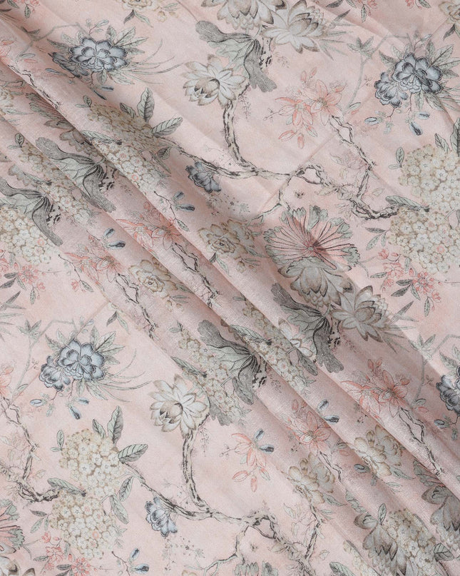 Pink Floral Printed Blended Cotton Linen Fabric, 110 Cms Width, India-D25163