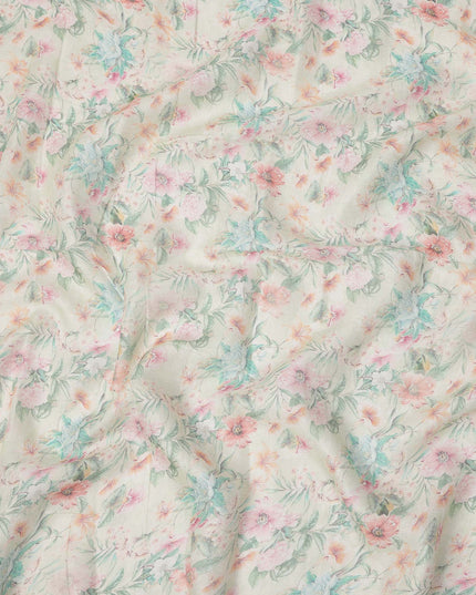 Cream Pastel Floral Printed Blended Cotton Linen Fabric, 110 Cms Width, India-D25172