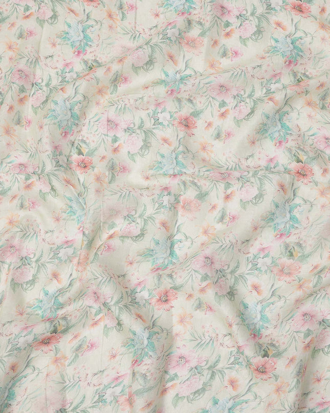 Cream Pastel Floral Printed Blended Cotton Linen Fabric, 110 Cms Width, India-D25172