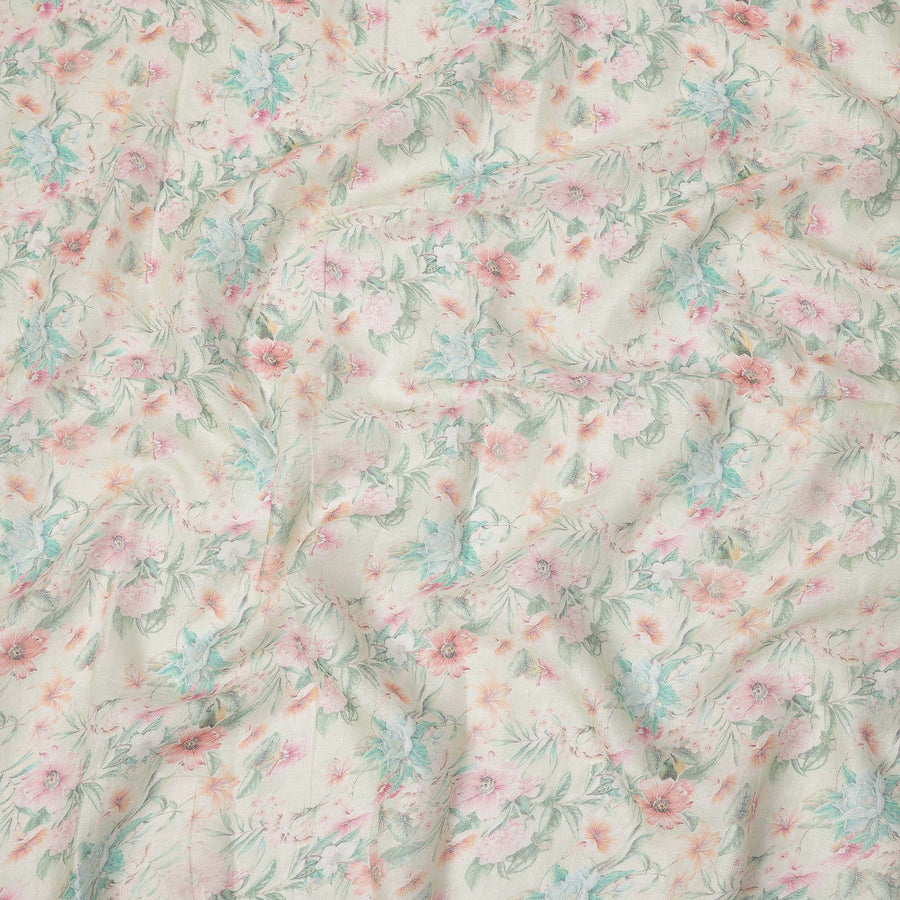 Cream Pastel Floral Printed Blended Cotton Linen Fabric, 110 Cms Width, India-D25172