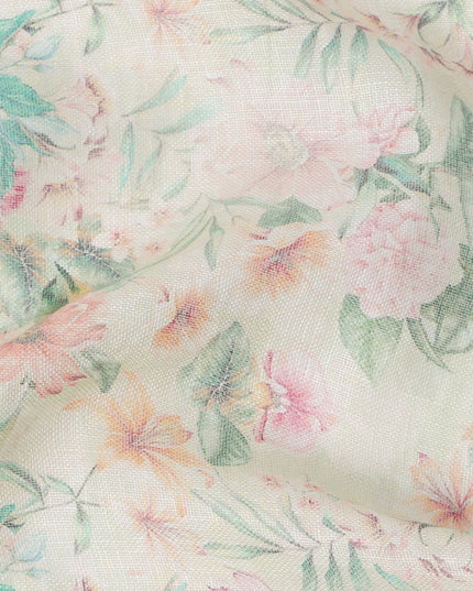 Cream Pastel Floral Printed Blended Cotton Linen Fabric, 110 Cms Width, India-D25172
