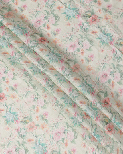 Cream Pastel Floral Printed Blended Cotton Linen Fabric, 110 Cms Width, India-D25172