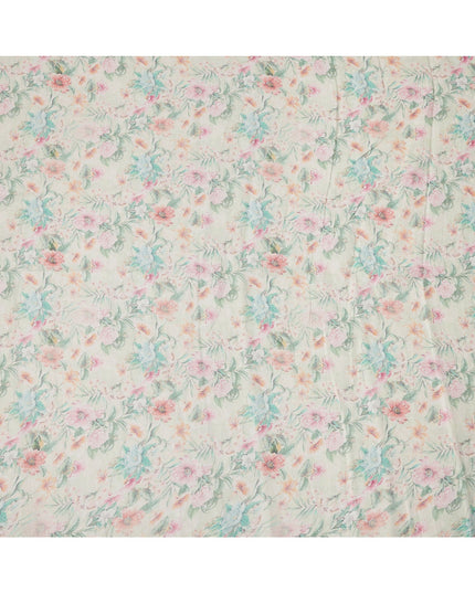 Cream Pastel Floral Printed Blended Cotton Linen Fabric, 110 Cms Width, India-D25172